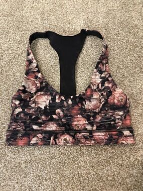 lululemon athletica Floral Racerback Sports Bra - Black with Pink Rose Print
